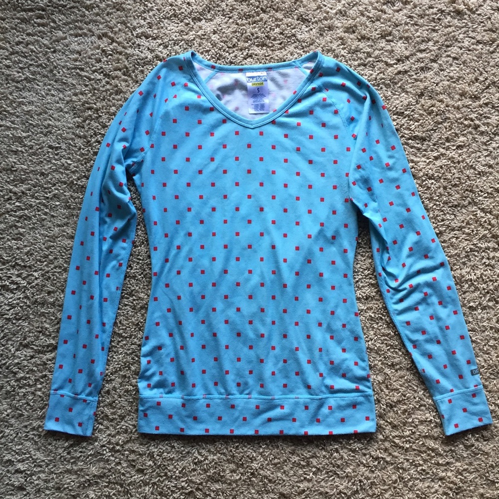 Burton Women's Light Blue Long Sleeve V-Neck Top with Red Dot Print
